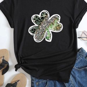 New Black Tshirt with leopard 3 leaf clover